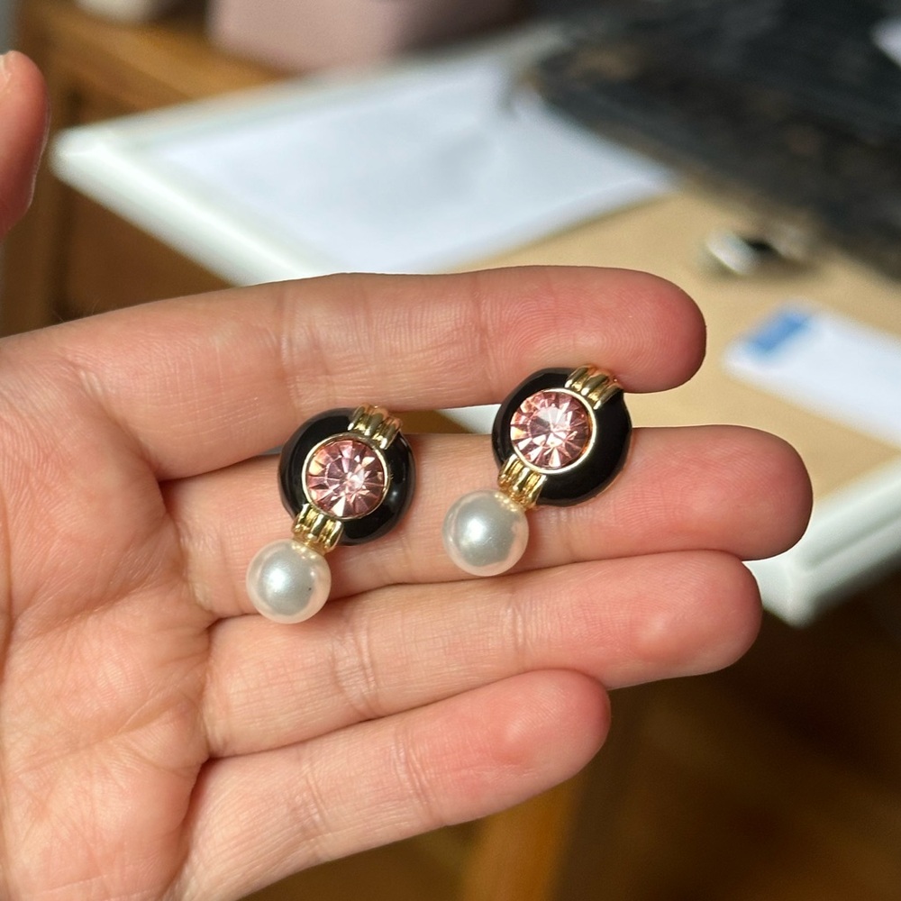 NEW Zara Black/Pink Earrings with Faux Pearls (One Size)